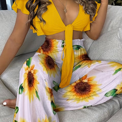 Spring/Summer 2pc Set Cropped Ruffle Trim Tops & Sunflower Wide Leg Pants