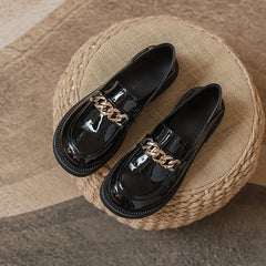 Women's Chunky Heel Loafers with Metallic Chain Detail