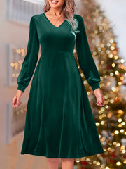 Velvet Long Sleeve V Neck Dress