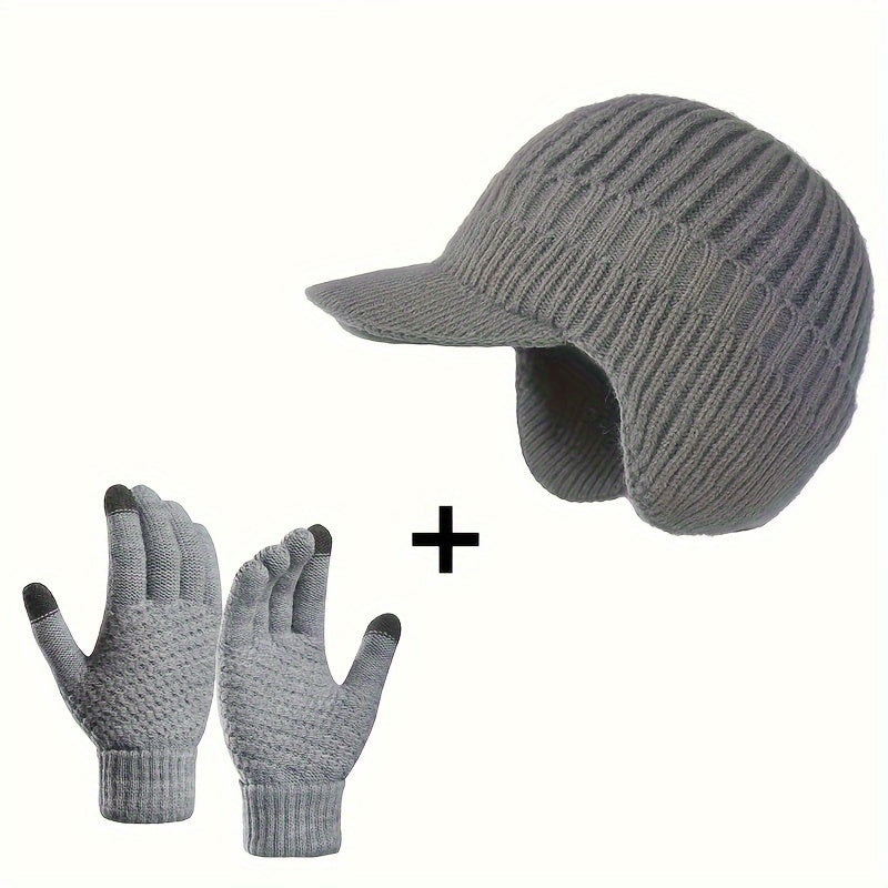 Men's Knitted Hat & Gloves Set Winter Warm Ear Protection