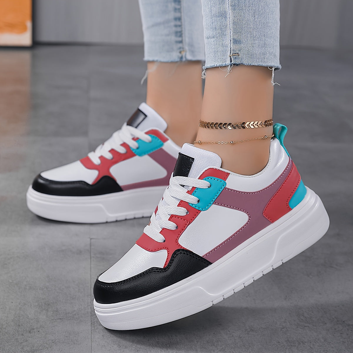 Women's Lace Up Chunky Sneakers Lightweight Non slip Skate Shoes