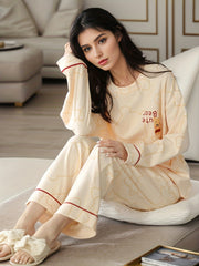 Bear Print Pajama Set Long Sleeve Crew Neck Top & Pants Women's Sleepwear