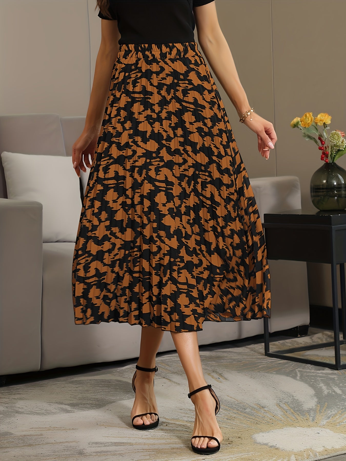 Printed Pleated Skirt Elastic Waist Spring & Summer Women's Clothing