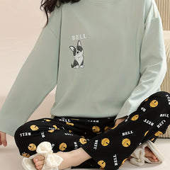 Cartoon Dog Print Pajama Set Long Sleeve Top & Pants Women's Sleepwear