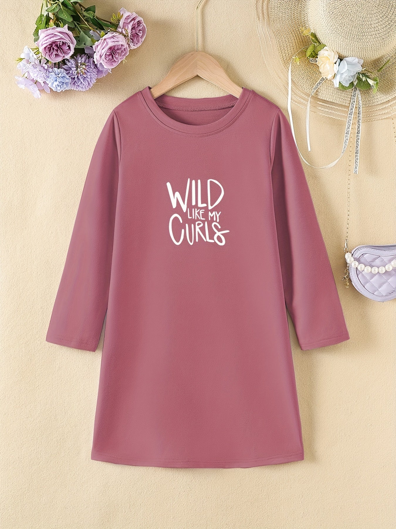 Girls' Letter Print Long Sleeve A Line Dress for Spring Fall
