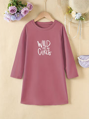 Girls' Letter Print Long Sleeve A Line Dress for Spring Fall
