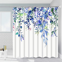 Green Plant Pattern Shower Curtain With Hooks Waterproof Bathroom Decor