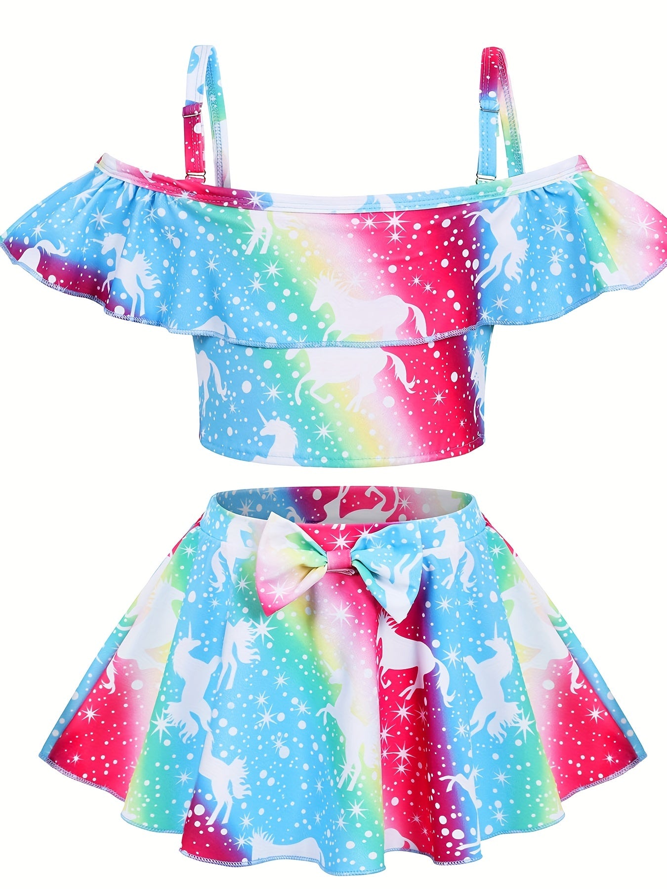 Toddler Girls Unicorn Swimsuit Ruffle Top & Bow Skort Set