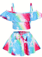 Toddler Girls Unicorn Swimsuit Ruffle Top & Bow Skort Set
