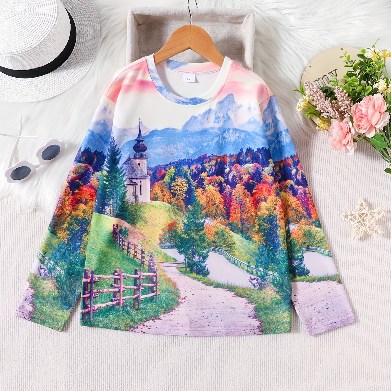 3D Landscape Print Kid's Pullover Top for Spring Fall Winter