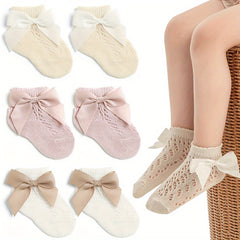 3 Pairs Baby Girls Lace Ruffled Ankle Socks Bow Decor Cotton Non slip Socks