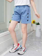 Girls Heart Embroidered Denim Shorts Set for Summer