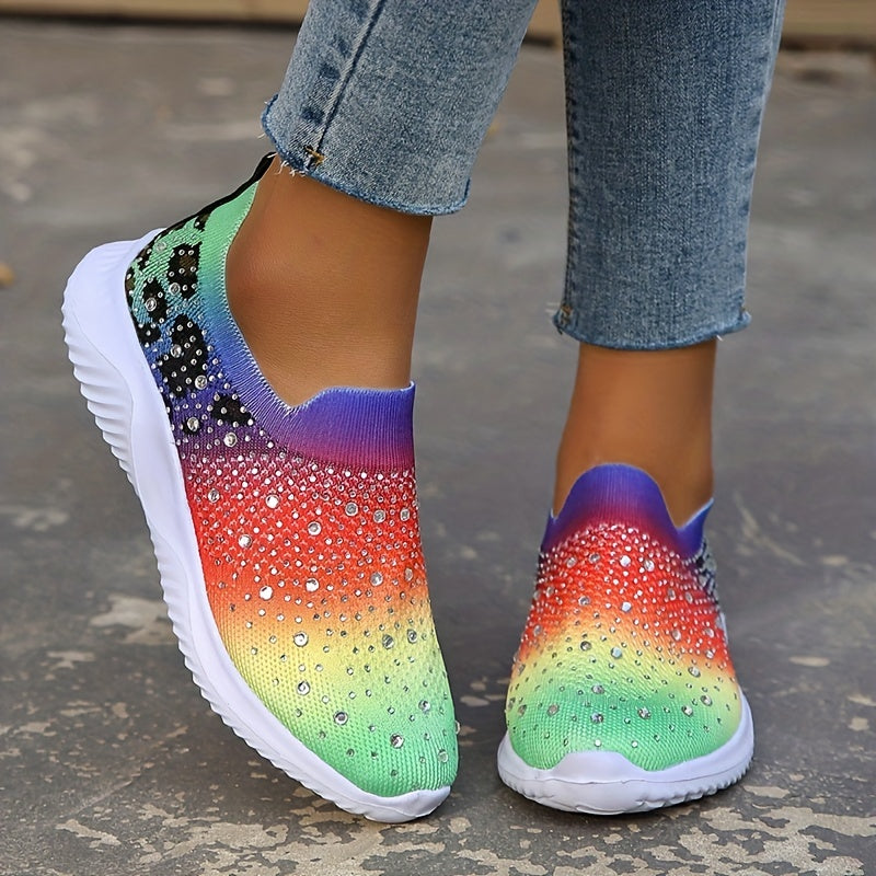 Women's Rainbow Knitted Sneakers Comfy Rhinestone Slip On Sports Shoes