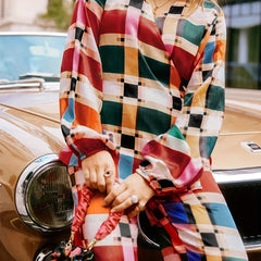 Women's Plus Colorful Plaid Print Lantern Sleeve Knot Side Wrap Top & Pants Set