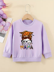 Halloween Portrait Graphic Sweatshirt For Girls Round Neck Comfy Fit