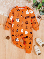 Unisex Baby Halloween BOO Letters Pumpkin Head Ghost Printed Jumpsuit