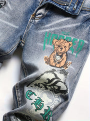 Cartoon Bear Pattern Slim Fit Jeans Men's Casual Street Style