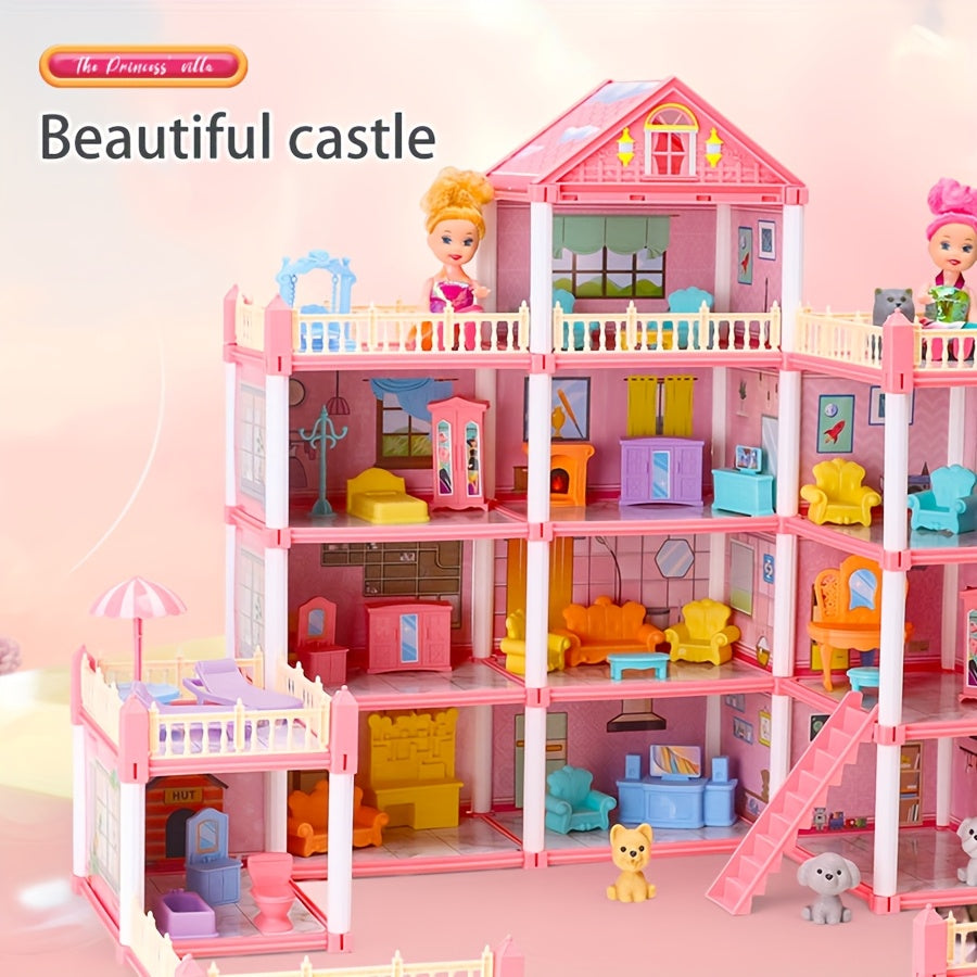DIY Pink Doll House Playset with Doll Figures and Furniture