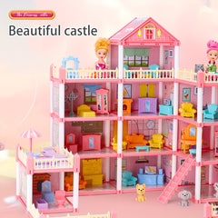 DIY Pink Doll House Playset with Doll Figures and Furniture