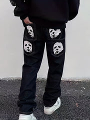 Face & Bat Pattern Loose Fit Jeans Men's Casual Street Style Denim Pants