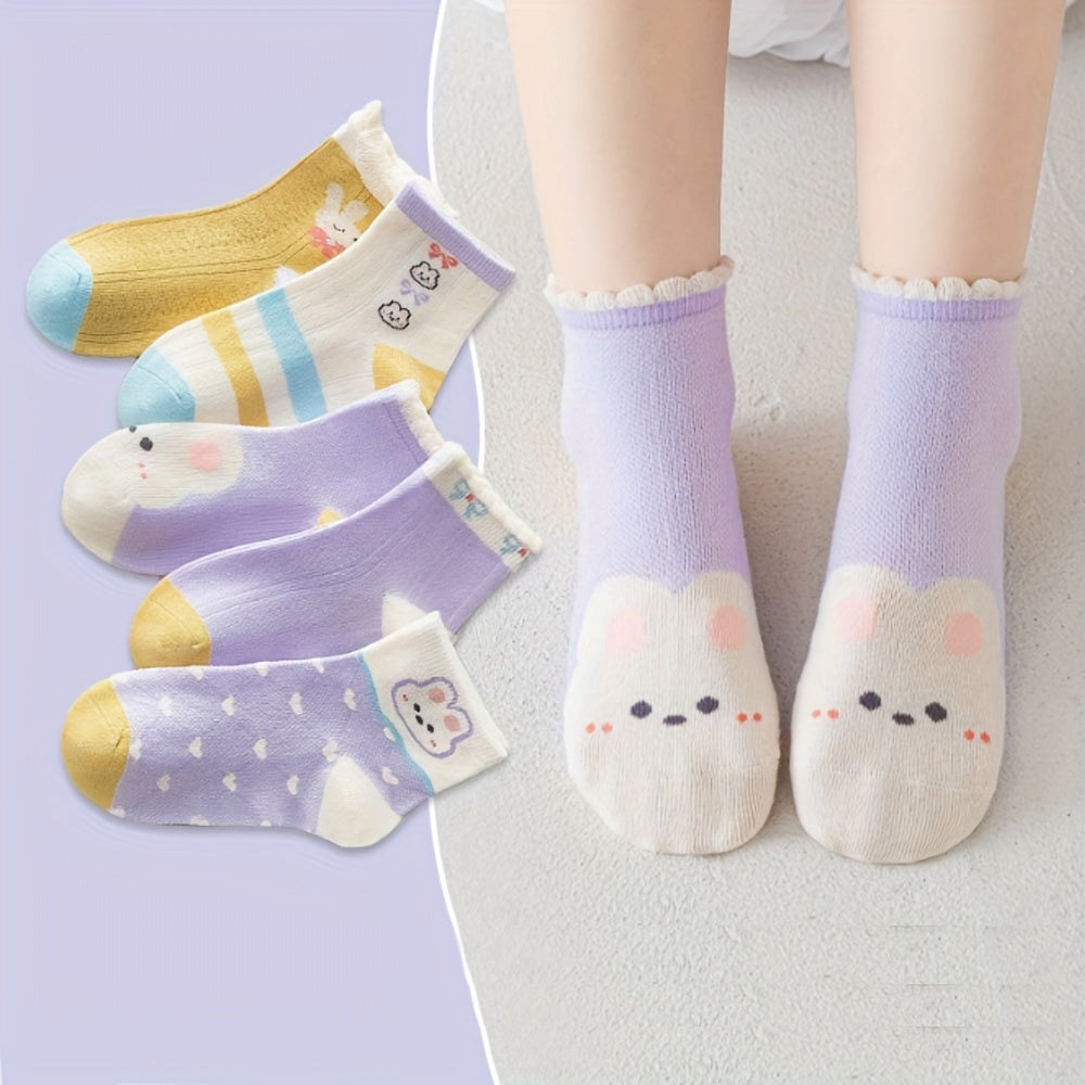 5 Pairs Girls Cartoon Animal Ankle Socks for Toddlers