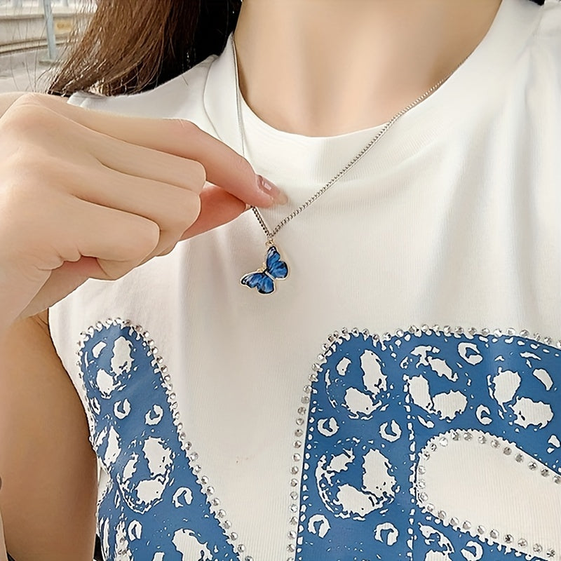 Gradient Butterfly Pendant Necklace Colorful Clavicle Chain