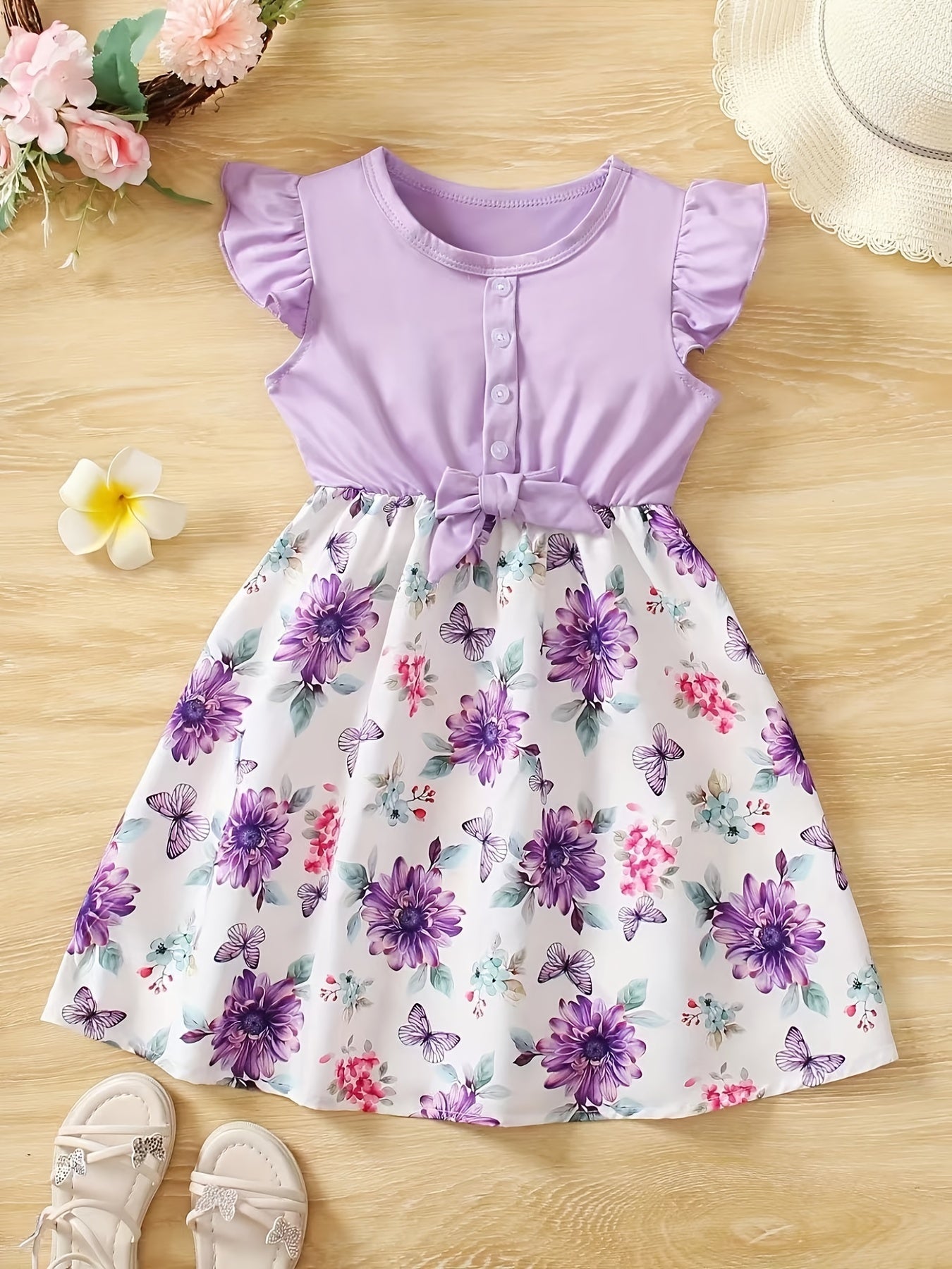 Toddler Girls Flowers Graphic Frill Trim Shirred Mesh Spliced Cami Rompers
