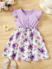 Toddler Girls Flowers Graphic Frill Trim Shirred Mesh Spliced Cami Rompers