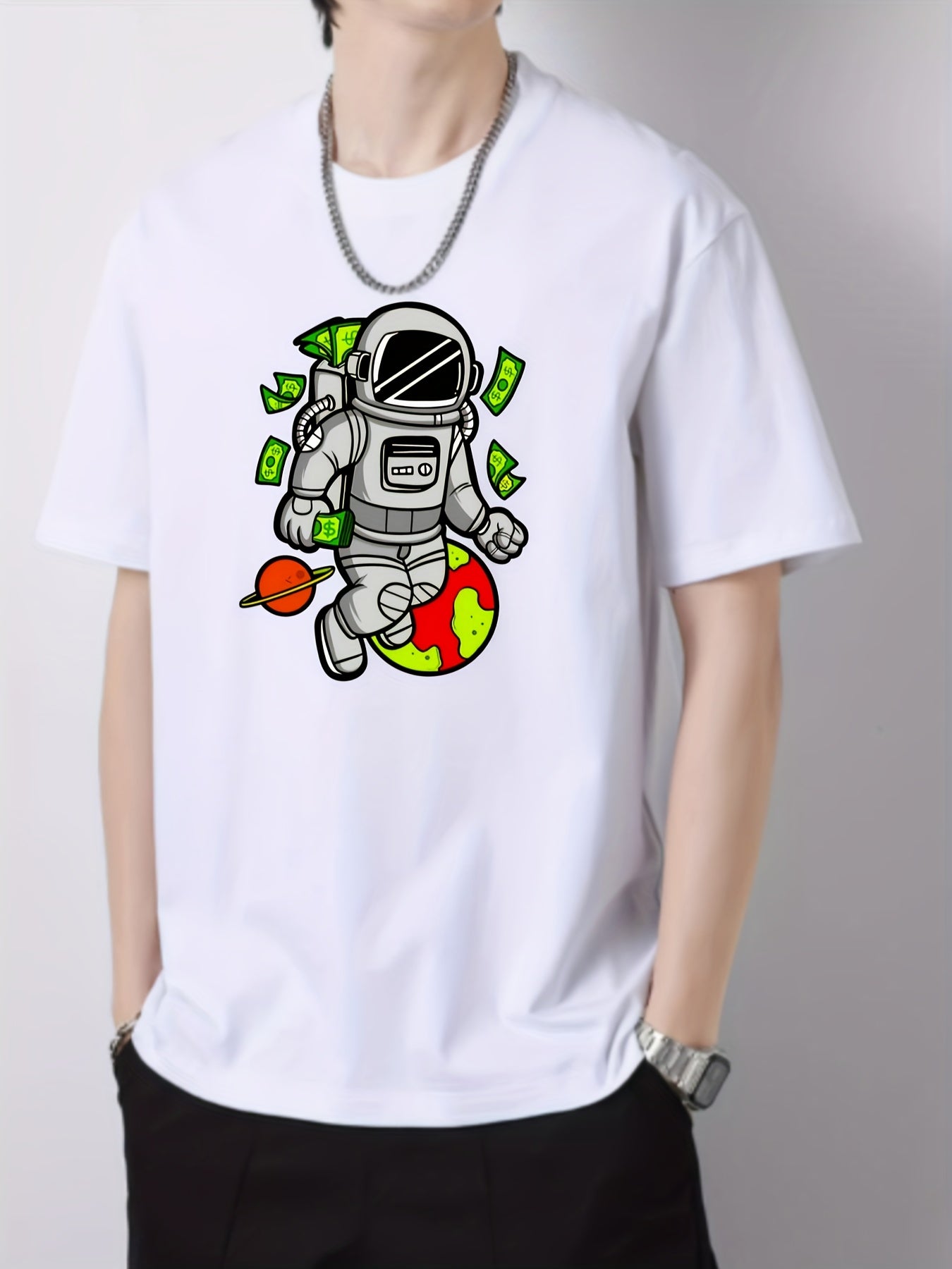 Cartoon Astronaut Print Men's Cotton Graphic Crew Neck Active T shirt
