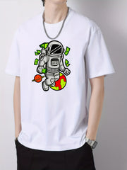 Cartoon Astronaut Print Men's Cotton Graphic Crew Neck Active T shirt