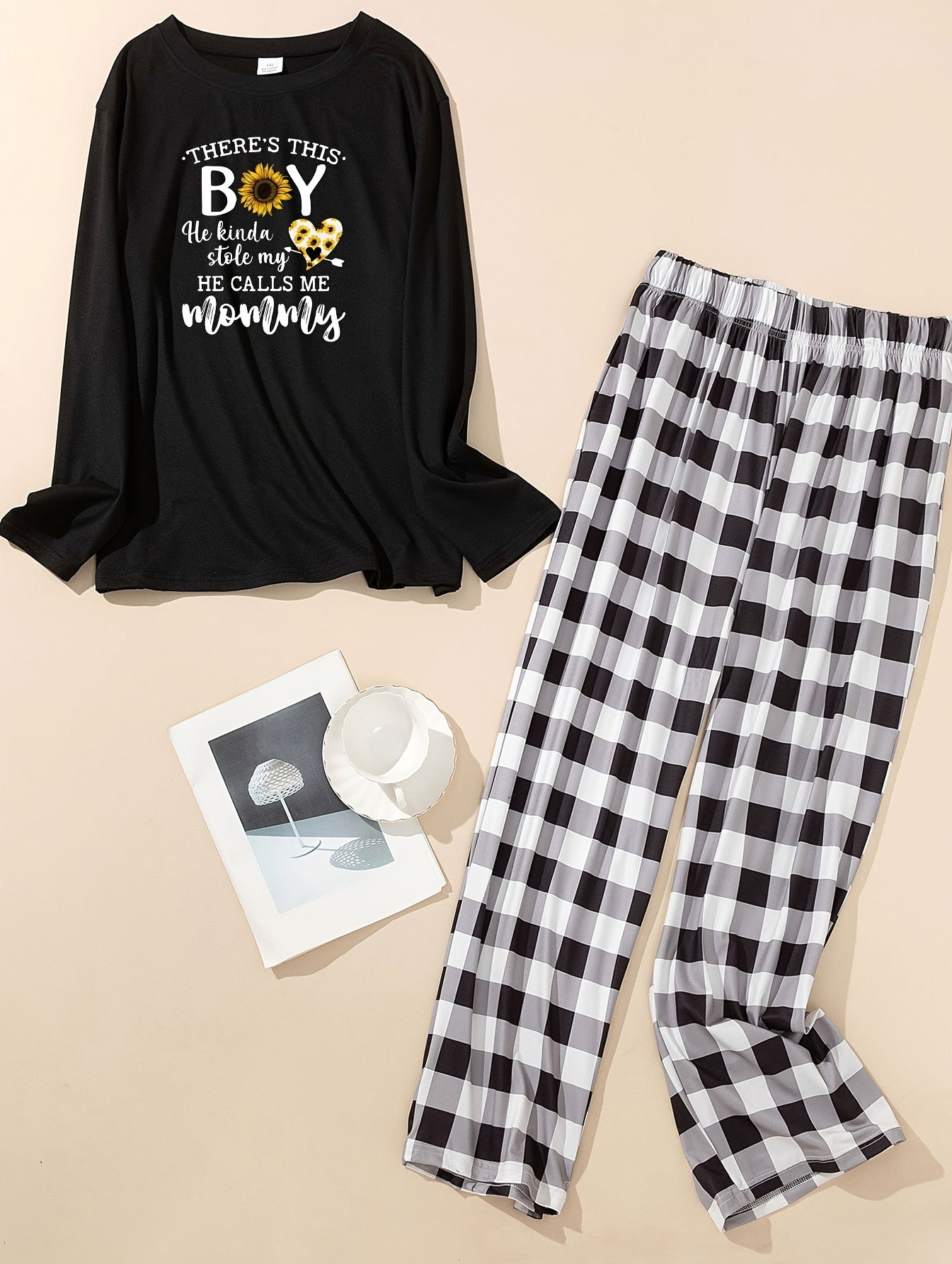 Sunflower Print Tee & Plaid Pants Lounge Set
