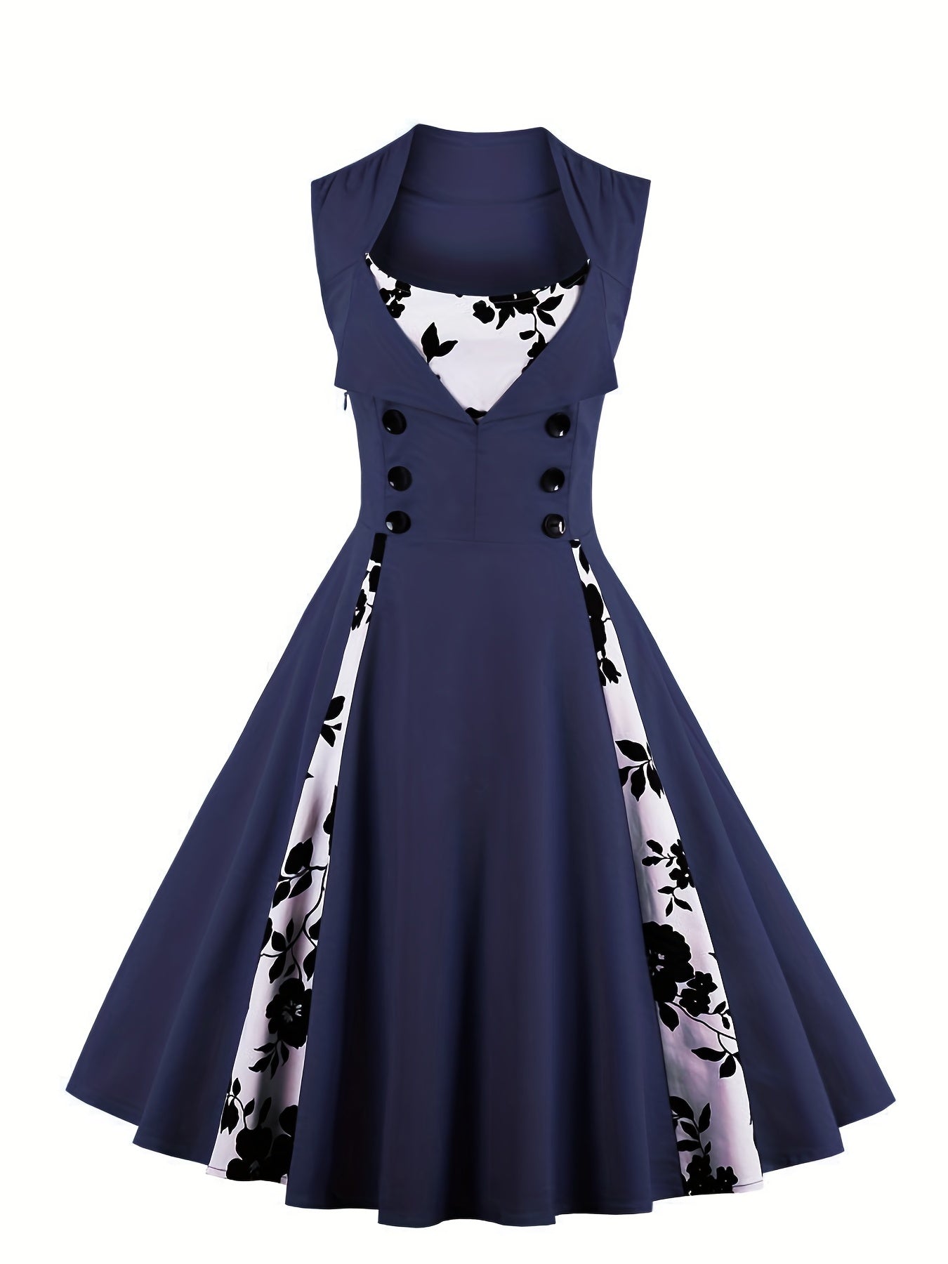 Retro Contrast Block Dress Button Sleeveless Waist Swing Dress