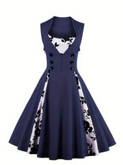 Retro Contrast Block Dress Button Sleeveless Waist Swing Dress