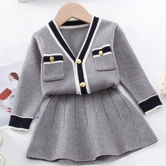 Girl's Preppy Style 2pcs Cable Knit Cardigan & Skirt Set