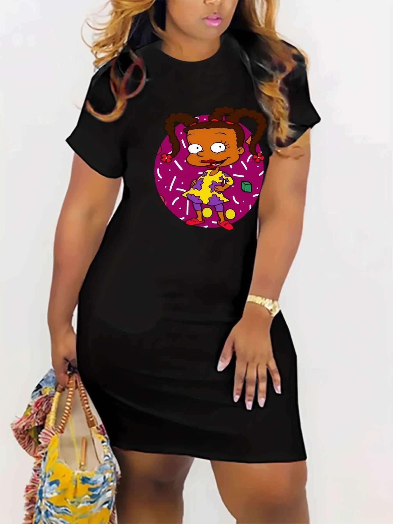 Casual Dress Women's Plus Cartoon Figure Print Short Sleeve