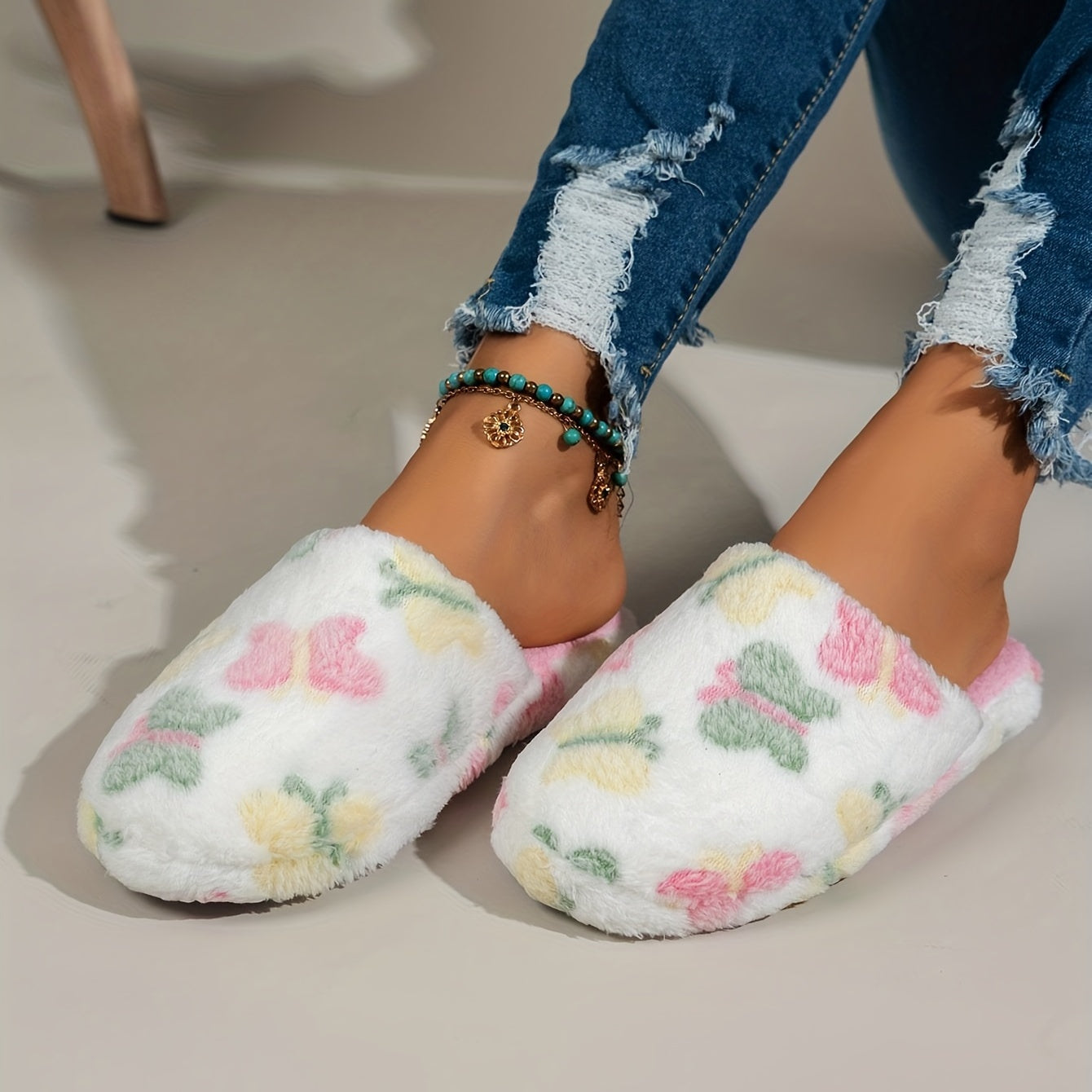 Women's Butterfly Print Plush Slippers Warm Cozy Indoor Shoes