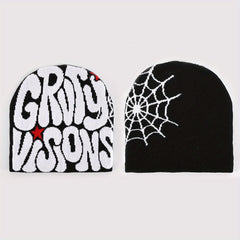 Double Side Y2K Beanie Spider Web Letter Jacquard Candy Hip Hop Knit Hat