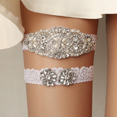 Stretch Lace Bridal Garter Sets With Rhinestones & Faux Pearl - 2pcs set