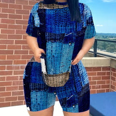 Denim Print Top & Shorts Plus Size Set