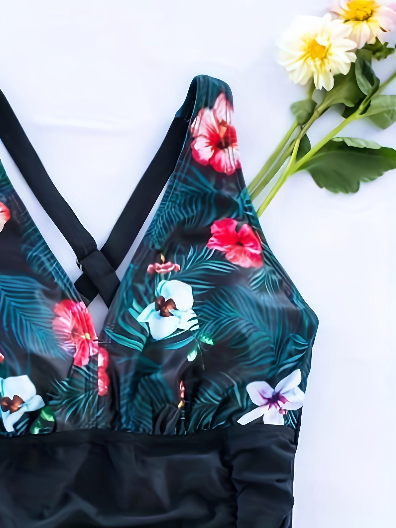 Colorblock Tropical Print V Neck One Piece Swimsuit