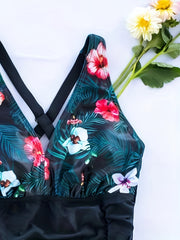 Colorblock Tropical Print V Neck One Piece Swimsuit