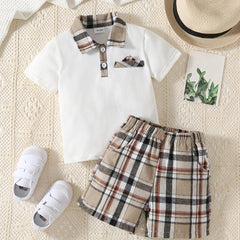 Boys Polo Shirt & Plaid Shorts Preppy Style Summer Kids Clothes