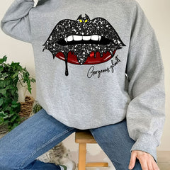 Bat Lip Print Sweatshirt Long Sleeve Crew Neck Women's Clothing