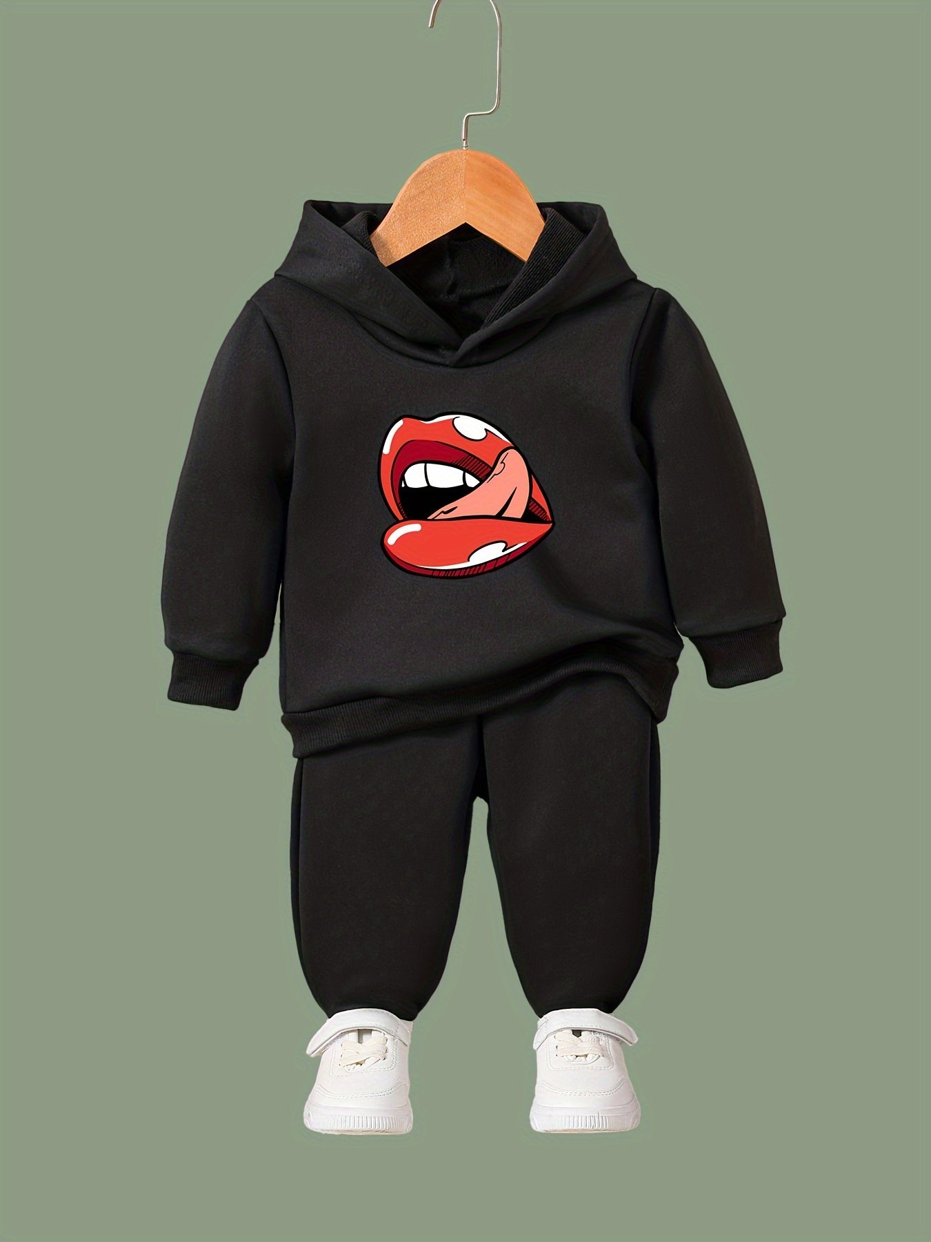 Girls Boys 2pcs Lips Print Hooded Pullover Pants Set Spring Fall