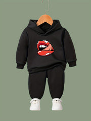 Girls Boys 2pcs Lips Print Hooded Pullover Pants Set Spring Fall