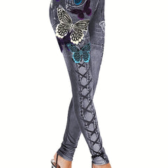 Butterfly & Denim Print Skinny Leggings Women's Casual Leggings C
