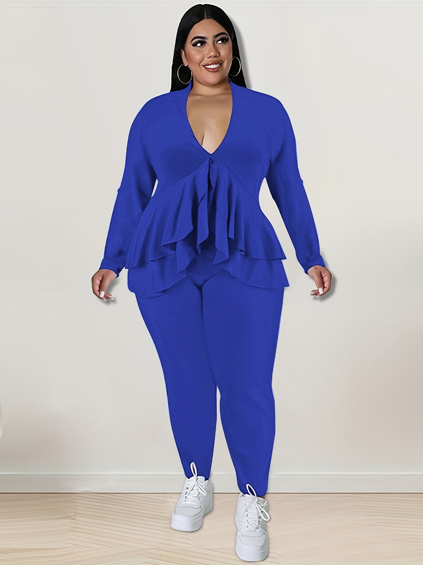 2 Piece Set Solid Long Sleeve V Neck Top & Pants Outfit