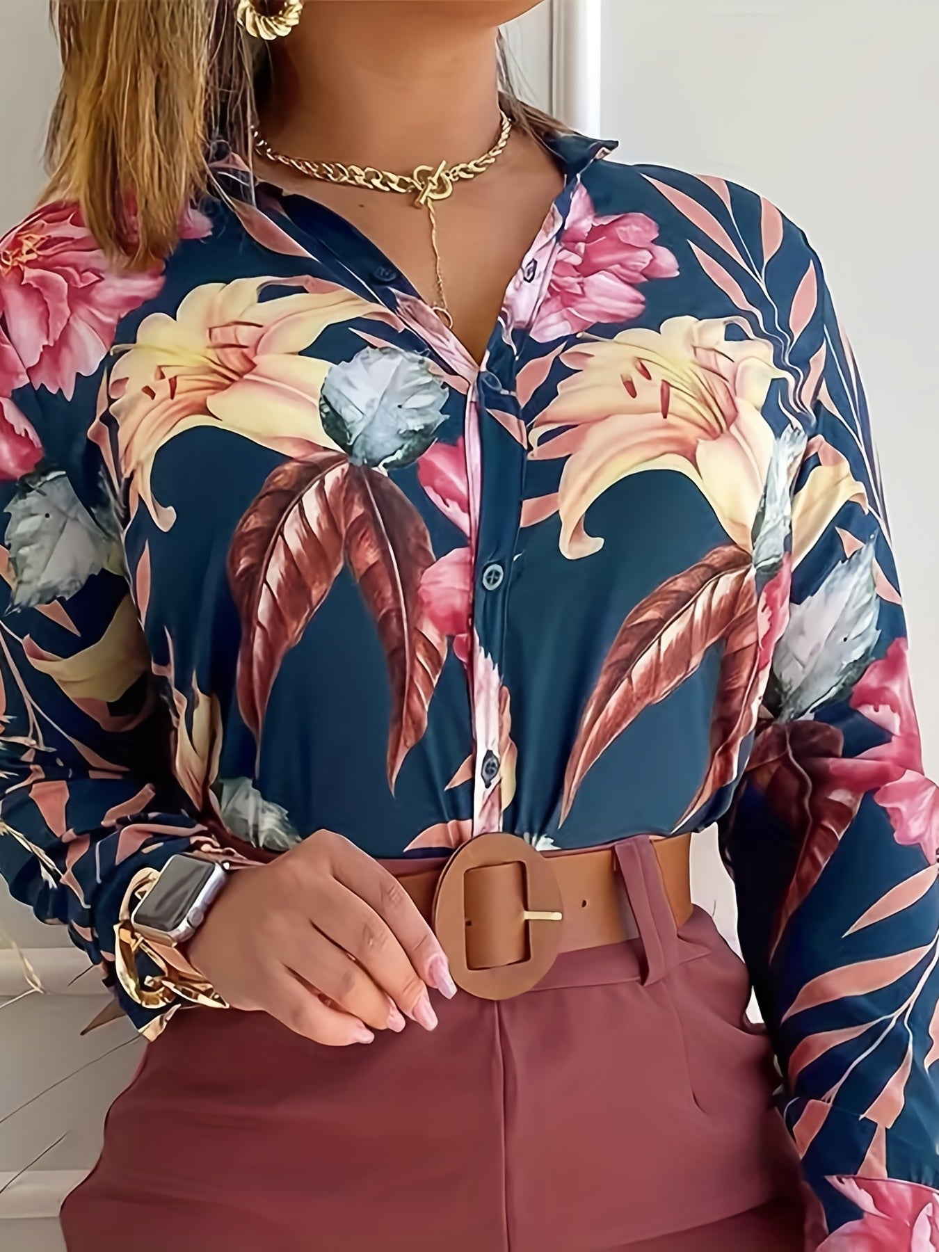 Floral Print Casual Button Front Blouse Long Sleeve