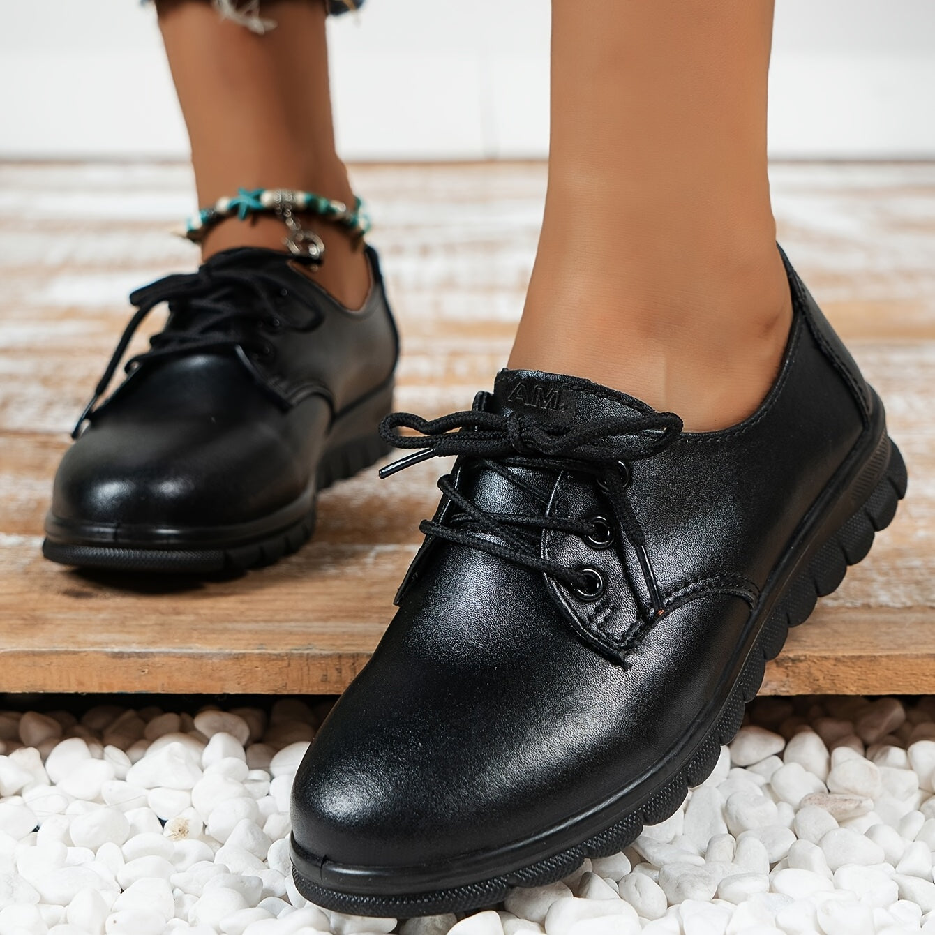 Women's Lace Up Faux Leather Flat Shoes Soft Sole Lightweight