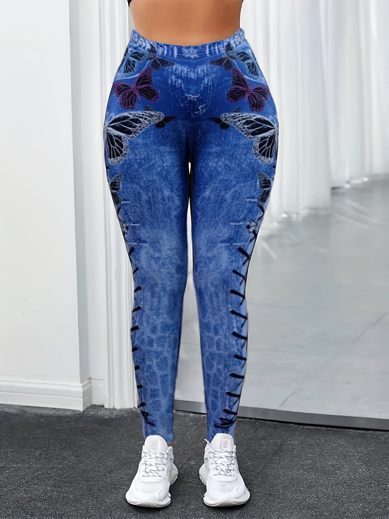 Butterfly Print Jeggings High Waist Slim Fit Long Length